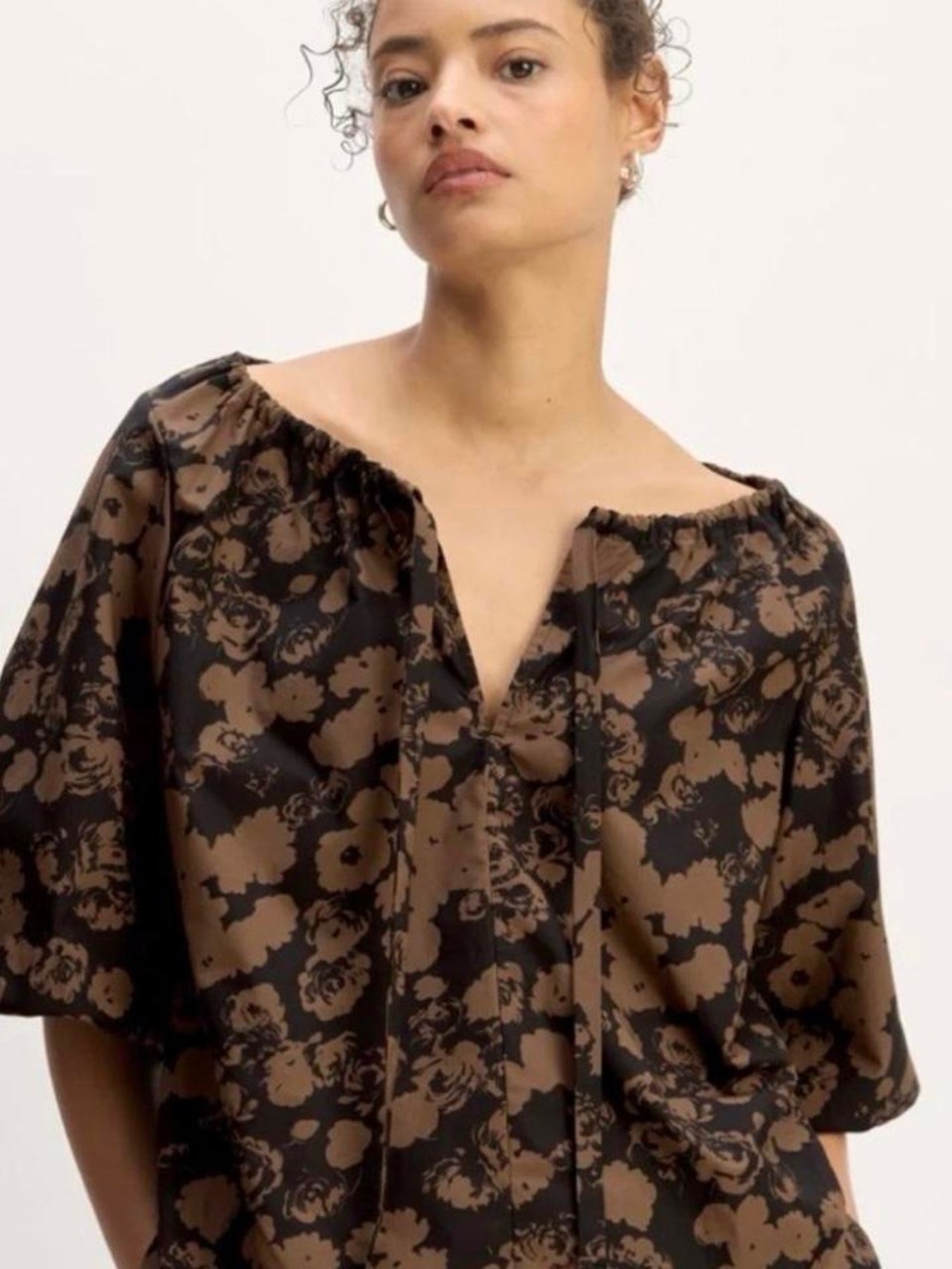 Everlane Supima Cotton Floral Puff Sleeve Blouse Top Cocoa Brown Black Sz Large